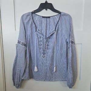 Abercrombie & Fitch Chambray Blue Striped Blouse with Embroidery Peasant S